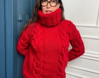 Handgestrickter Herbst-Winter-Wollpullover mit schönen Zopfmustern für Frauen, umweltfreundlicher Pullover für kaltes Wetter, dicker Rollkragenpullover
