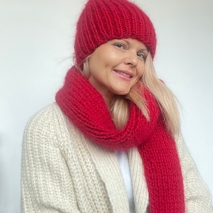Hand Knit Wool and Mohair Scarf, Beanie Hat, Winter Scarf, Pure Wool Scarf, Thick and Warm Scarf, Winters Hat, Red Mohair Hat, set for gift