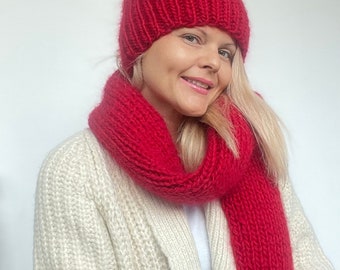 Hand Knit Wool and Mohair Scarf, Beanie Hat, Winter Scarf, Pure Wool Scarf, Thick and Warm Scarf, Winters Hat, Red Mohair Hat, set for gift