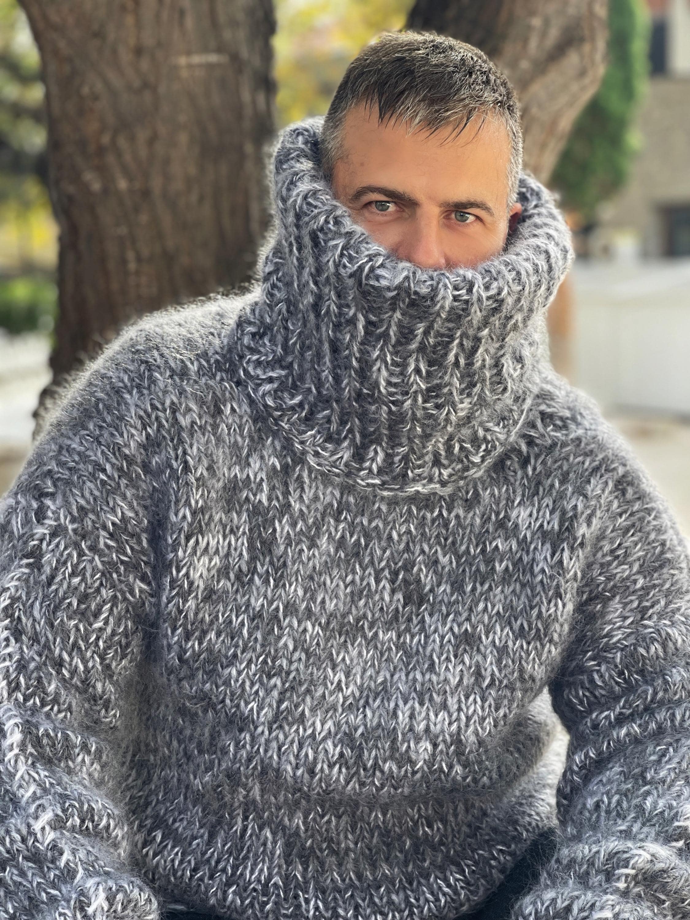 Hand Knit Thick Fuzzy Mohair Jumper With Long Turtleneck, Giant