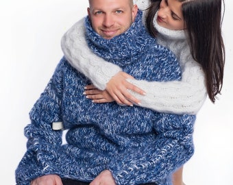 Nuovo maglione a collo alto in mohair blu melange lavorato a mano, maglioni a collo alto lunghi da uomo, pullover invernali lavorati a maglia alla moda