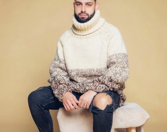 Hand knitted Colourful Men Sweater, 3 colours Melange Pullover, Thick and Warm Turtleneck, Soft Collar Jumper, Daddy's Gift, Luxury Present