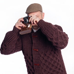 Hand Knitted Chunky Wool Men’s Cardigan, , Thick Knitted Wool Jacket, Winter Gentlemen Sweater with buttons, Brown Wool Cardigan