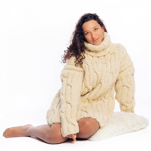 Hand Knit Vintage Wool Sweater, Cable knitted natural wool pullover for fall / winter season, Retro heavyweight Turtleneck Jumper, Best Gift