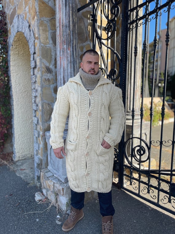 Chunky Wool Mens Cardigan Mens Wool Coat Hand Knitted Cable Cardigan Winter Mens Sweater Very Thick and Heavy Cardigan Etsy