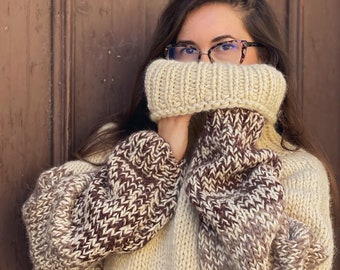 Melange Cream, Beige and Brown Sweater for Wonderful and Comfy Outfit, Thick and Trendy Wool Jumpers For Custom Gift, Warm Turtleneck