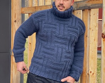 Winter Men Pullover, Hand knit jumpers for men, Pure wool turtleneck sweater, Blue Men Sweater, Ski Jumper, Loose fit Design for Men