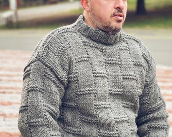 Handmade Wool Men Pullover, Grey Sweater, Chunky Knit style, Big Knit Pullover for men, Loose Fit Jumpers
