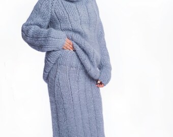 Prêt-à-partir taille 2XL ensemble en mohair avec pull et jupe longue, jupe mode hiver en mohair et col roulé, cadeau de luxe pour femme