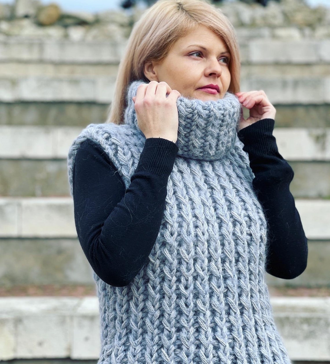 Chunky Wool Sweater Turtleneck Sweater Wool Vest Women - Etsy