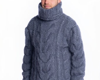 Nieuwe handgebreide fuzzy mohair kabelgebreide trui voor mannen, grote jongens in pluizige winterbreisels, 3 strengen luxe mohairgaren voor mannen