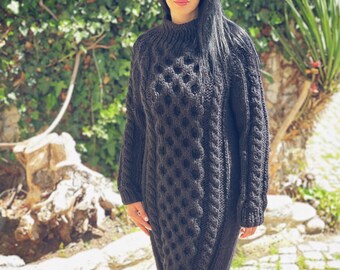 Amazing Black Long Dress, Winter Wool Women Dresses, Cable Knit Wool Tunic Sweater, Classy Dress, Wool Knits for Women