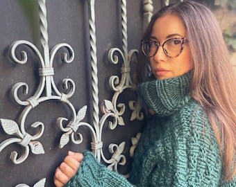 Hand Knitted Natural Wool Green Sweaters For Women, First Impress Big Thick and Heavy Jumper for Holiday Season, Soft Turtleneck Pullover