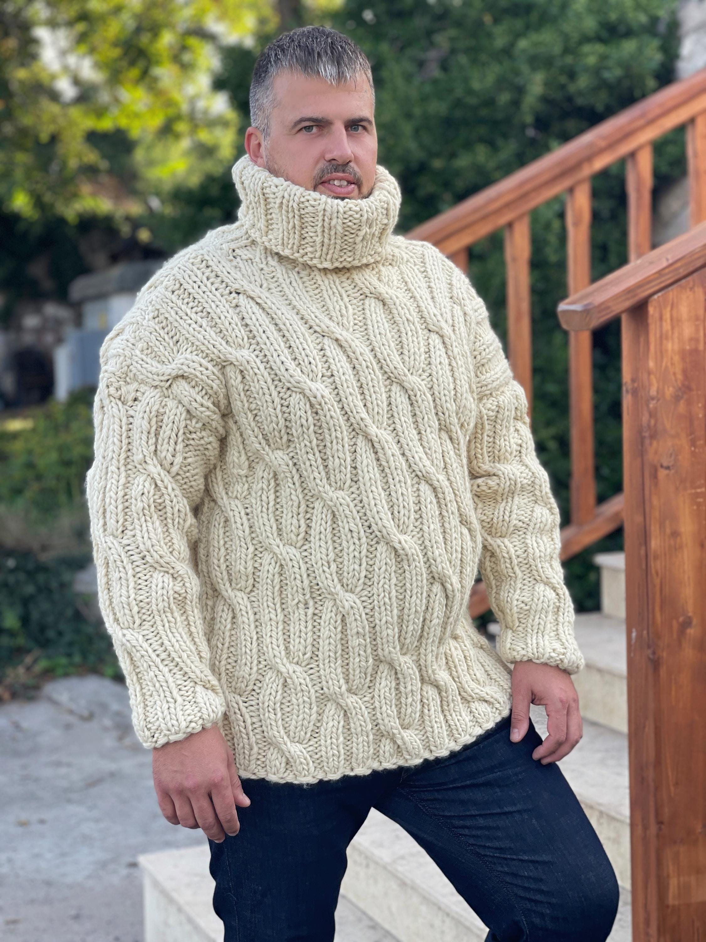 Hand Knit Vintage Wool Sweater, Cable Knitted Natural Wool