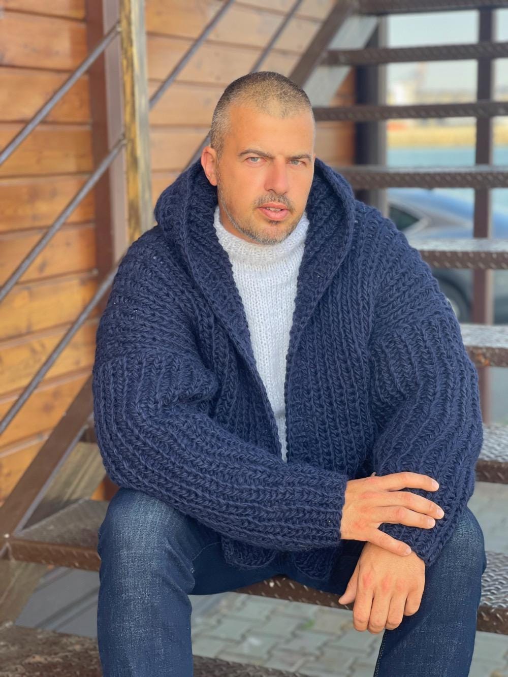 80s~90s MEN'S BIGI 縮絨 wool cardigan Men's Wool Cardigan – Hand-knit Open Front With Hood – Thick Warm