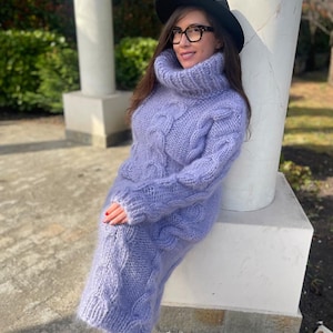 Hand Knit Stylish and Trendy Fuzzy Mohair Long Dress For Cold Fall/ Winter Days, Cable Knit Design Mohair Tunic With Turtleneck