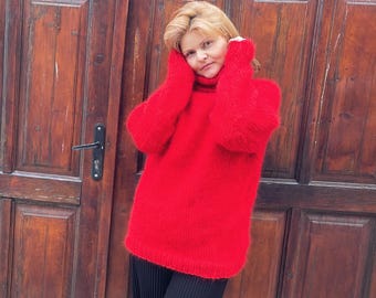 Hand Knit Fuzzy Mohair and Luxury Red Sweater For Women, Winter Stylish Mohair Turtleneck Pullovers for Women, Warm Gift for Lovely Lady