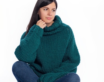 Pronto per la spedizione taglia XL Maglione di lana lavorato a maglia verde per coppie, pullover per famiglia invernale, maglioni spessi oversize in lana organica