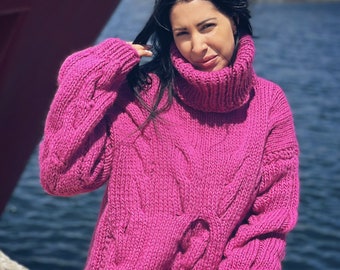 Handmade Pink Sweater, Turtleneck Collar Sweater, Sexy very warm Pullover, Custom Cable Jumper, High Collar Sweater, Women Wool Clothing