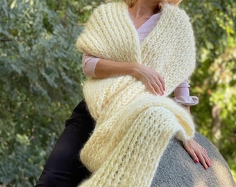 Extra lange mohair sjaal, handgebreide fuzzy sjaal voor vrouwen, 5 strengen luxe garen, warme dikke winterwrap, cadeau voor moeder of vriendin