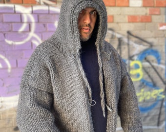 Chunky Wool Men’s Cardigan, Oversized, Men’s Coat, Thick Knitted Wool Jacket, Winter Men’s Sweater, Knit Wool  Hoodie Cardigan