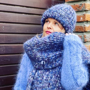 Hand Knit Wool and Mohair Scarf, Beanie Hat, Winter Scarf, Pure Wool Scarf, Thick and Warm Scarf, Winters Hat, Mohair Hat, set for gift