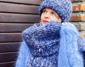 Hand Knit Wool and Mohair Scarf, Beanie Hat, Winter Scarf, Pure Wool Scarf, Thick and Warm Scarf, Winters Hat, Mohair Hat, set for gift