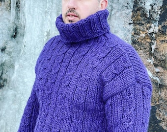 Pronto per la spedizione Maglione da uomo viola, Maglione Unisex, Pullover di taglia XL, Maglione di lana, Maglione a collo alto, Maglioni da uomo invernali