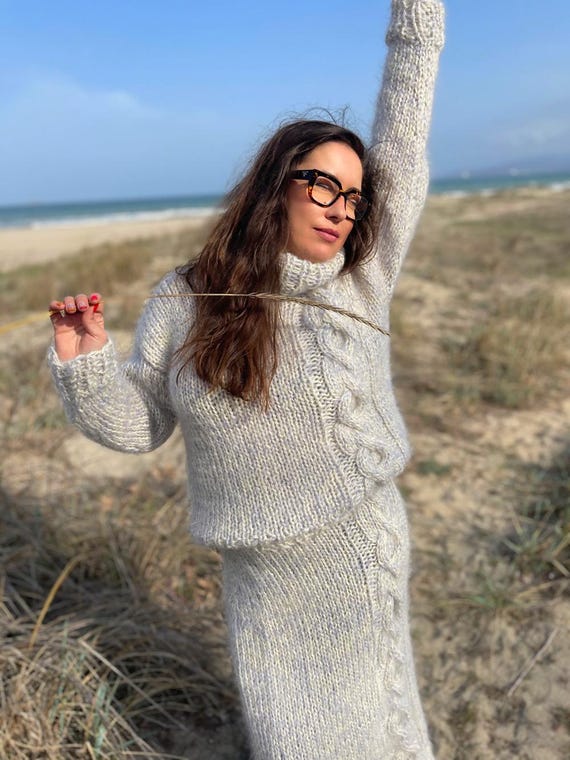 Chunky Mohair Sweater and Skirt Set – Hand Knit Fuzzy Turtleneck