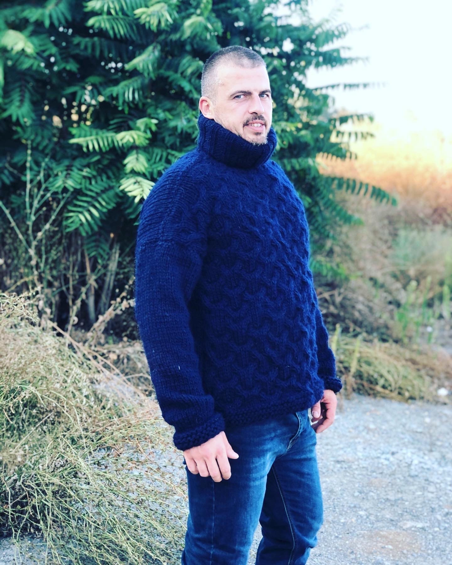 Hand Knit Wool Jumper Mens Wool Sweater 