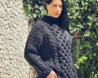 Amazing Black Long Dress, Winter Wool Women Dresses, Cable Knit Wool Tunic Sweater, Classy Dress, Wool Knits for Women