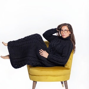 Amazing Black Long Dress, Winter Wool Women Dresses, Cable Knit Wool Tunic Sweater, Classy Dress, Wool Knits for Women