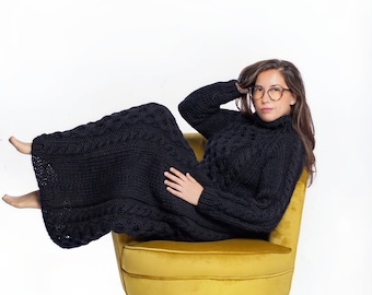 Amazing Black Long Dress, Winter Wool Women Dresses, Cable Knit Wool Tunic Sweater, Classy Dress, Wool Knits for Women