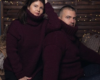 Hand Knit Unisex Thick Wool Sweater, Warm And Cosy Turtleneck Jumper, Knitted Winter Clothes for Mom And Dad,  Pullover for Her and for Him