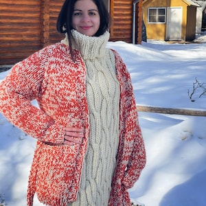 Ready to ship size XL Organic Wool Melange Cardigan, Thick Winter Cardigan with belt and pockets, Warm and Cosy wool Clothes, Casual Sweater
