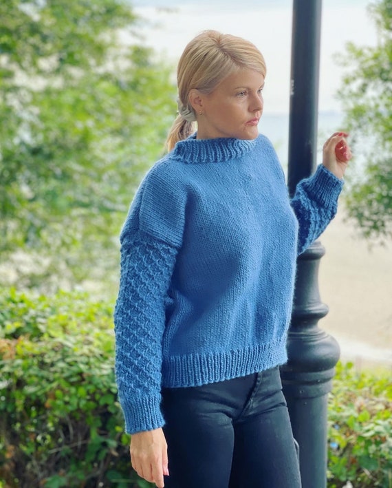 Denim Blue Hand Knit Sweater, Floral Sleeves Jumper, Women