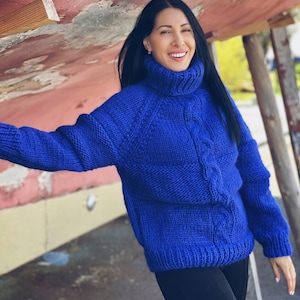 Hand Knitted Blue Women Sweater, Cable Knit Pullover, High Collared Jumper, Organic Wool Sweater, Women Wool Clothing