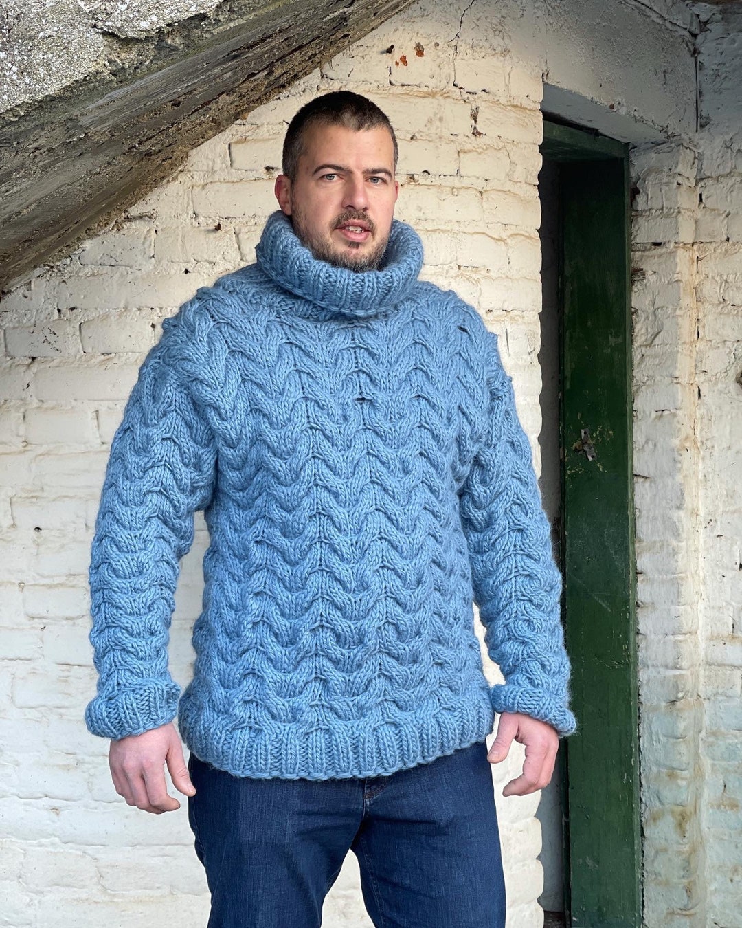 Hand Knit Super Chunky Sweater, Bulky Jumper, Pure Wool Sweater, Mens ...