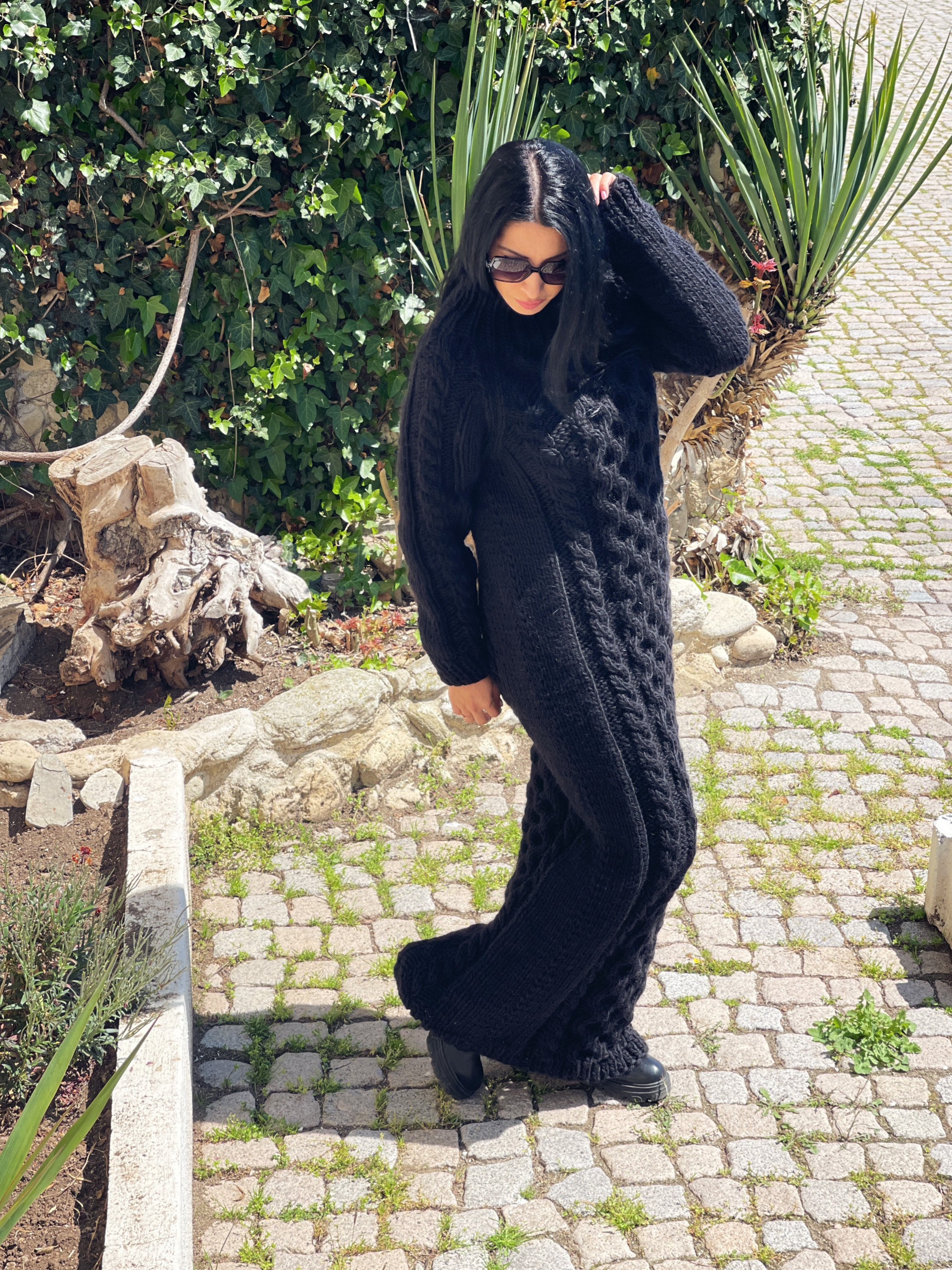 Amazing Black Long Dress, Winter Wool Women Dresses, Cable Knit Wool Tunic Sweater, Classy Dress, Wool Knits for Women Amazing Black Long Dress, Winter Wool Women Dresses, Cable Knit Wool Tunic Sweater, Classy Dress, Wool Knits for Women