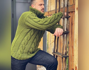 Groene kabel gebreide trui, olijfkleurige trui, op maat ontworpen trui, persoonlijke trui, kleding voor grote mannen, handgebreide winterkleding