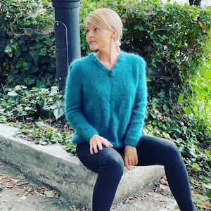 Hand Knit V-neck Mohair Sweater, Sexy and Stylish Jumper, Mohair Top, Autumn Mohair Clothing, Women Fuzzy Jumpers