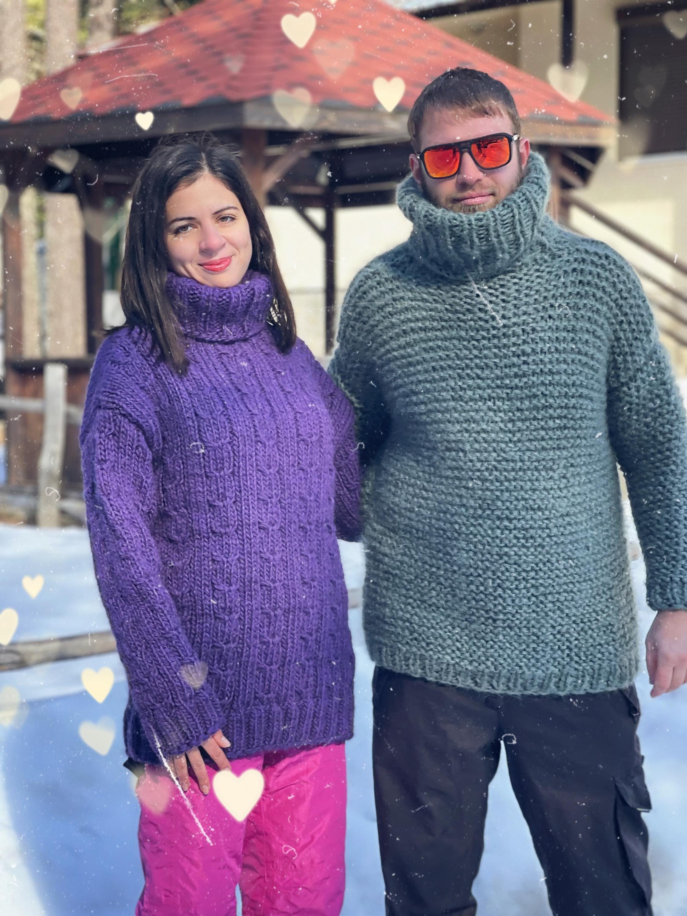 Ready to Ship Size XL Hand Knit Green Mohair Blend Sweater for Men