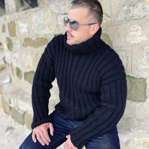 Hand Knit Wool Jumper, Mens Wool Sweater, Turtleneck sweater, Chunky Men Jumper, Wool Turtleneck Pullover, Winter Sweaters image 7