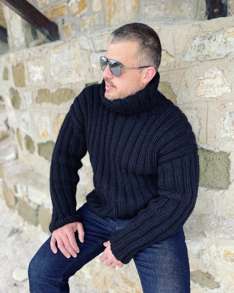 Hand Knit Wool Jumper, Mens Wool Sweater, Turtleneck sweater, Chunky Men Jumper, Wool Turtleneck Pullover, Winter Sweaters image 7