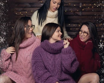 Pull de Noël en mohair violet tricoté à la main pour femme, pull en mohair naturel, vêtements en mohair duveteux, pull en mohair gratuit, pull vintage