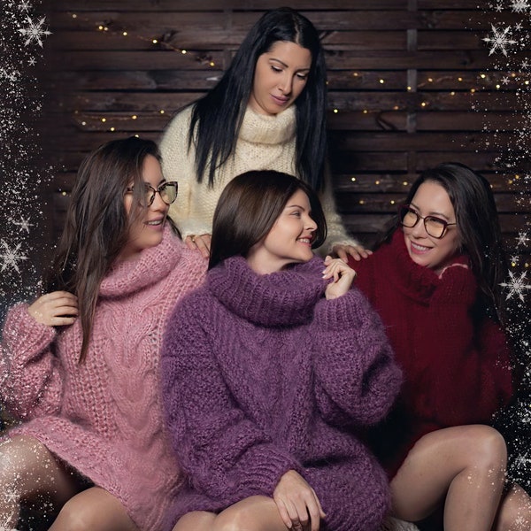Maglione in mohair viola di Natale lavorato a mano per le donne, maglione in mohair naturale, abbigliamento in mohair fuzzy, pullover in mohair gratuito, maglione vintage