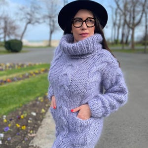 Ready To ship XL size Stylish and Trendy Fuzzy Mohair Long Dress For Cold Fall/ Winter Days, Cable Knit Design Mohair Tunic With Turtleneck