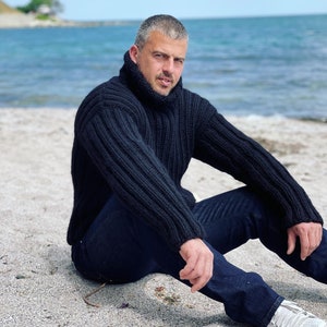 Suéter de lana tejido a mano, suéter de lana para hombre, suéter de cuello alto, suéter grueso para hombre, suéter de cuello alto de lana, suéteres de invierno