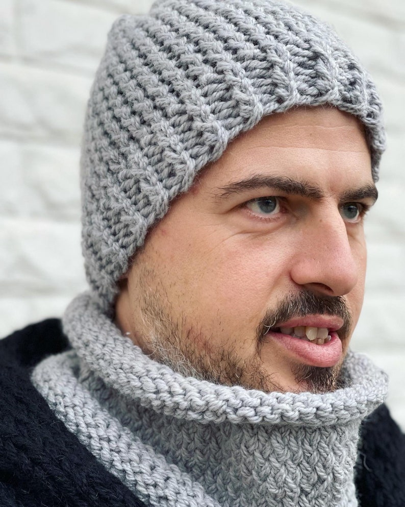 Hand Knit Wool Hat and Snood Set, 2 strands wool Hat, chunky slouchy hat, Winter Hats, beanie Hat, Very thick and warm Hat, Mens Gift,Scarf image 3