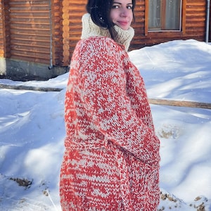 Hand Knit Organic Wool Melange Cardigan, Thick Winter Cardigan with belt and pockets, Warm and Cosy wool Clothes, Casual Sweater